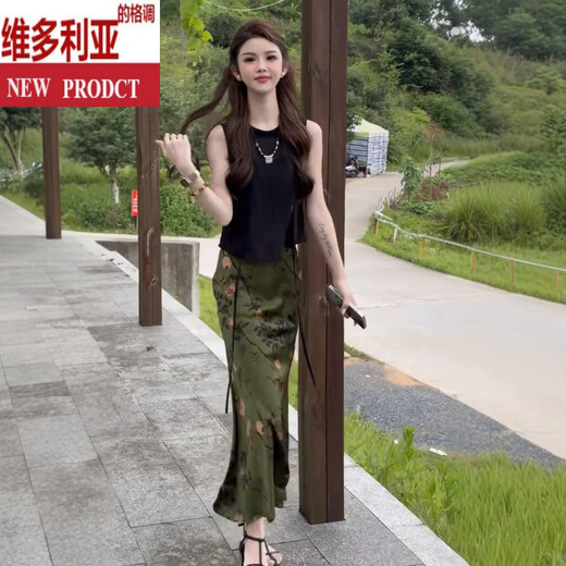 Victoria's summer outfit with a huge and beautiful look, a complete set of new Chinese style, Chinese style, slightly transparent sleeveless top printed hip-pack skirt skirt suit, black top + green skirt L (110-125Jin[Jin equals 0.5 kg])