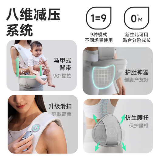 乐蒂宝贝婴儿背带腰凳科技护腰腰凳宝宝遛娃抱娃神器减震坐垫四季通用 豪华版-月影灰（热卖新款） 科技护腰旗舰款