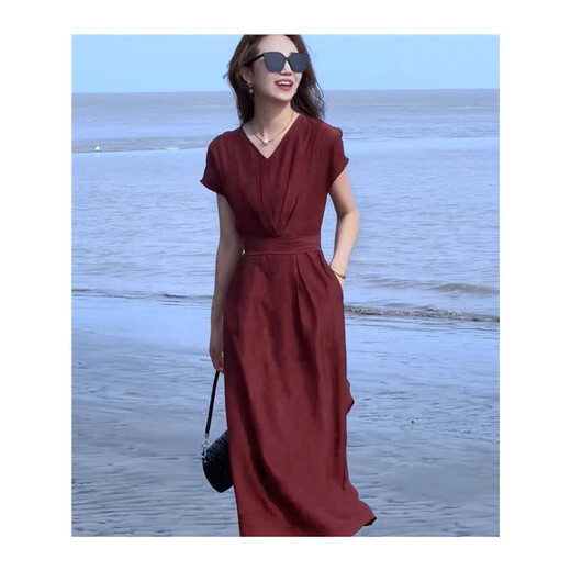 Hengyuanxiang Silk Light Luxury Robe Women's 2025 Été Nouveau style élégant en V Slim Jupe rouge Bourgogne Guangzhou Vêtements féminins de treize rangs / produits européens Europe 2xl