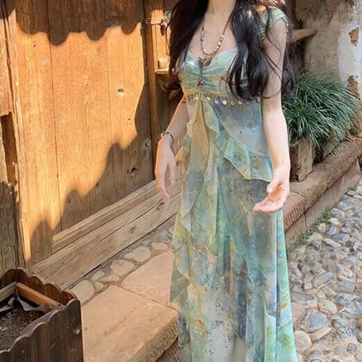 
Lugeli suspender temperament dress for women in summer 2025 new printed slim waist-hugging seaside atmosphere long skirt for women suspender dress [S]