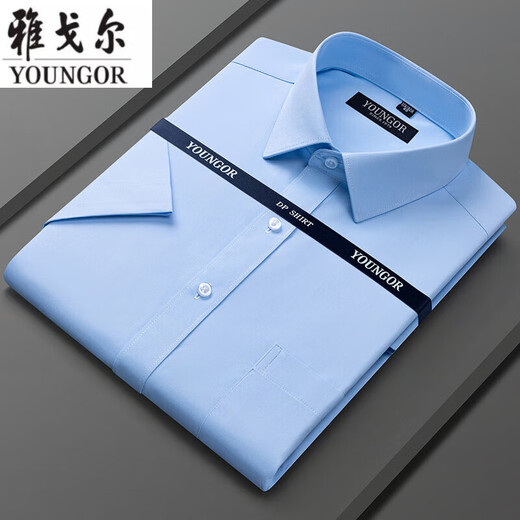 雅戈尔旗舰官方店短袖衬衫男中年高端休闲商务职业免烫有口袋白衬衣透气 DX6636【蓝白细纹】 40 【建议130-145斤】