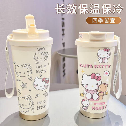三栖虎卡通凯蒂猫保温杯不锈钢学生高颜值办公咖啡杯大容量水杯 【食品级不锈钢】古董白-BXAB13782KT猫 201不锈钢+内胆+不锈钢