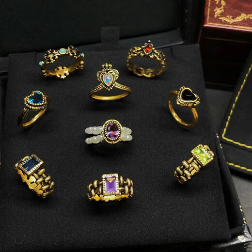 复古款做旧重工古金色锆石戒指女开口可调节小众高级个性百搭新品 J4839 开口可调节