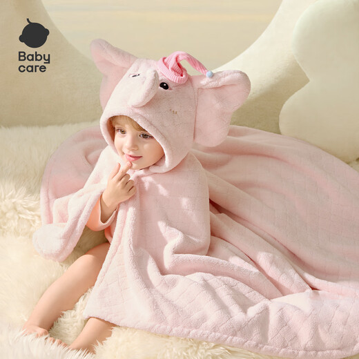 Bc babycare newborn baby velvet hooded bath towel, soft absorbent and quick-drying baby and children's bath robe cover blanket and children's bath towel new release little pink elephant (105*105cm)