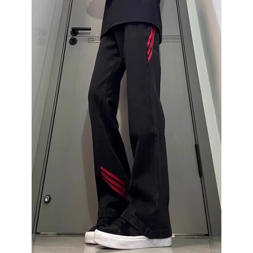 Katuchi red and black contrast stitching bootcut jeans for men in autumn and winter trendy high street design American workwear straight long pants black regular XL