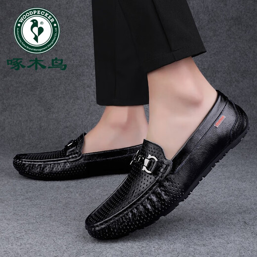 Woodpecker men's beanie shoes summer breathable leather shoes men's genuine leather soft leather one-legged driving shoes soft sole hollow style black summer hole 9901 38