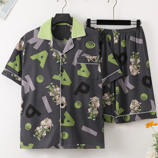 
He Jiagong summer short-sleeved thin imitation cotton pajamas men's home clothing suit summer cartoon print Korean version handsome young man 3271 short-sleeved suit M (70-100Jin [Jin equals 0.5 kg])