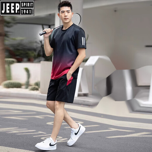 吉普（JEEP）男士跑步速干休闲运动套装男夏季薄款加肥加大码短袖两件羽毛球服  蓝色 9902  L 90-110斤