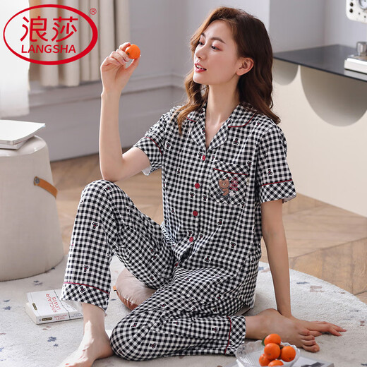 
LangSha Summer Pure Cotton Pajamas Women's New Year Short Sleeve Trousers Thin Plaid Full Cotton Summer Mom Home Suit PT-9923 M - Recommended 80-95Jin [Jin equals 0.5 kg]