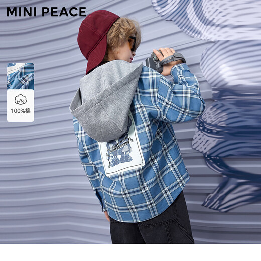 MiniPeace counter same style PEACEBIRD children's shirt spring and autumn plaid hooded long-sleeved jacket blue 120