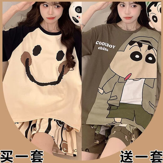 UKUHPK睡衣卡皮巴拉短袖女生圆领夏季薄款高颜值甜美居家服套装2025 693黑笑脸+694卡皮巴拉 M 【80-98斤】