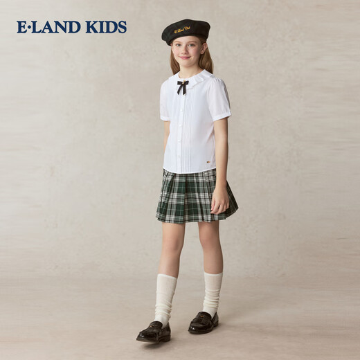 E LAND KIDS 100% cotton children's clothing girls' shirt spring and summer new pleated lapel short-sleeved Ivory ivory/39 130