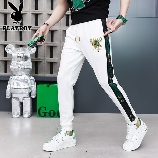 花花公子（PLAYBOY）刺绣休闲裤男夏季薄款潮牌修身冰丝束脚运动长裤男百搭速干小脚卫 9922白色 29