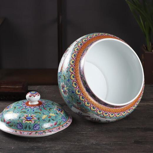 Junkiss Jingdezhen enamel decorative ornaments multifunctional storage jar rice noodle jar household with lid moisture-proof, insect-proof and mildew-proof yellow enamel lid jar 18Jin Jin is equal to 0.5kg water capacity with base