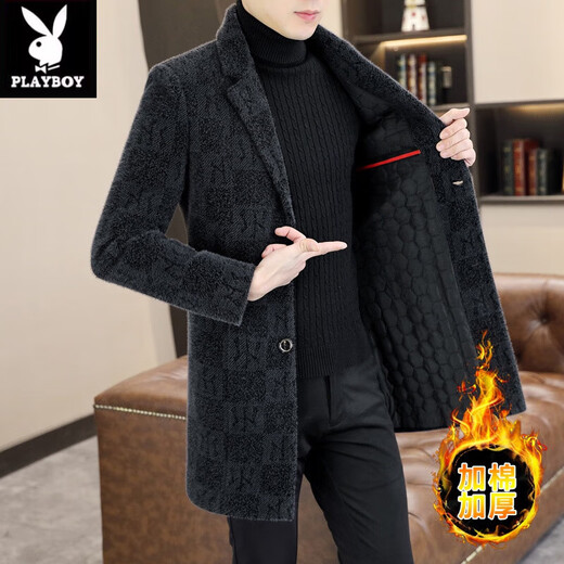 Playboy (PLAYBOY) mid-length woolen coat men's autumn and winter cotton thickened suit collar woolen windbreaker high-end gold mink velvet coat 730 black sense/counter quality 3XL 145-160Jin Jin is equal to 0.5 kg can be worn