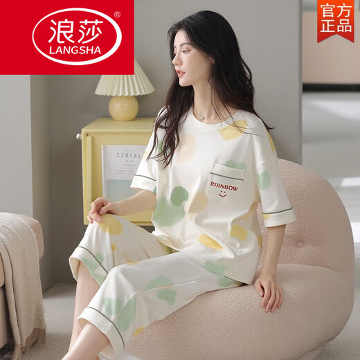 浪莎（LangSha）2025年新款睡衣女夏季纯棉短袖七分裤薄款休闲可外穿家居服舒适 9859【短-袖短-裤】 M 【建议80-100斤穿】