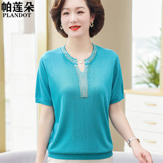 Kuzhang (Kuzhang) 2025 NUEVA MADRE SUMMER Camiseta de punto de su verano Traje de manga corta de verano de mediana edad de mediana edad y anciana