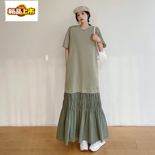 Chujing 2025 Neues Sommer Super langes Kleid mit kurzärztem Kleid für Frauen Fett MM großer Größe locker bis Knöchelspleißen und plissierte Freizeitbilder Farbe 3xl