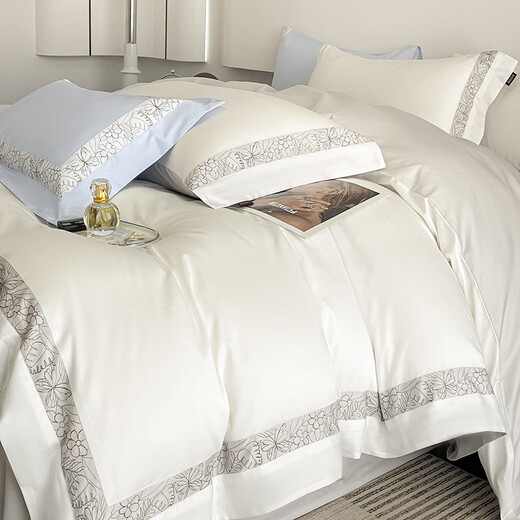 Hengyuan high-end 100-count long-staple cotton solid color bed four-piece set Class A pure cotton quilt cover quilted fitted sheet high-end Nolan-white powder fitted sheet 1.8m quilted four-piece set