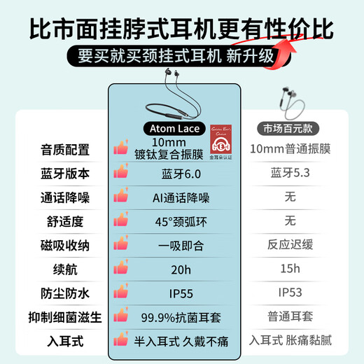 Edifier (EDIFIER) Atom Lace Bluetooth headset, neck-mounted, wireless sports neck-mounted headset, semi-in-ear, long battery life, noise reduction, gaming, low latency, adaptable to Apple, Huawei, Xiaomi, cloud white + 10 rebates on orders, official standard configuration