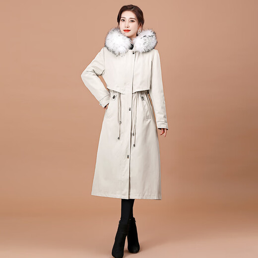 奥豚派克服女大衣长款獭兔毛皮草内胆可拆卸外套MXG2105 米白色  M 