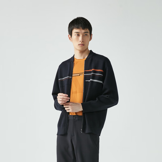 Jinba Herrenkleidung [100% Wolle] Herren -Strickjacke Fashion Stripe Freizeit komfortable Strickjacke Vyxg3726 Deep Lan XL