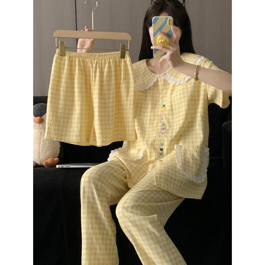 
Arctic velvet large size home clothing for women 2025 new summer short-sleeved plaid sweet princess Fengyunduo cotton pajamas three-piece set H9928 polka dot KT cat [small lapel style] M