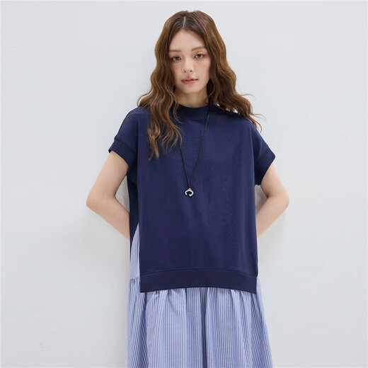 
Giordano designer fake two-piece dress for women spliced striped round neck short-sleeved skirt for women 18465213