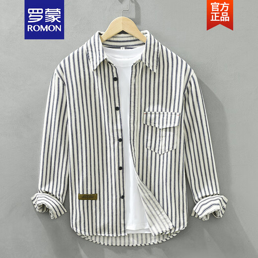 罗蒙（ROMON）长袖条纹衬衫男生休闲棉衬衣春秋季新款潮流时尚青少年牛仔外套 QQ-6623 黑色 M