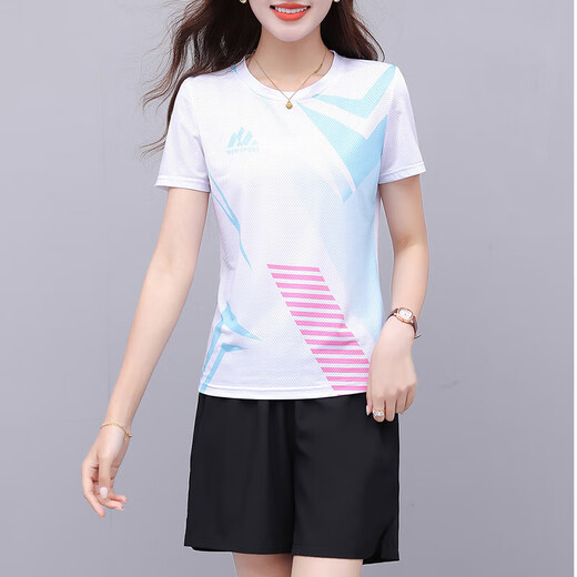 
Breathable quick-drying suit for women in summer new round neck slimming short-sleeved T-shirt simple shorts trendy sports two-piece set White XL 110-125