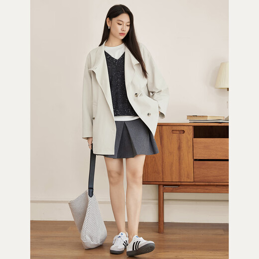 Dialogue AN large size series British style stand collar khaki trench coat autumn fat mm loose mid-length coat light khaki M recommended weight 110-125