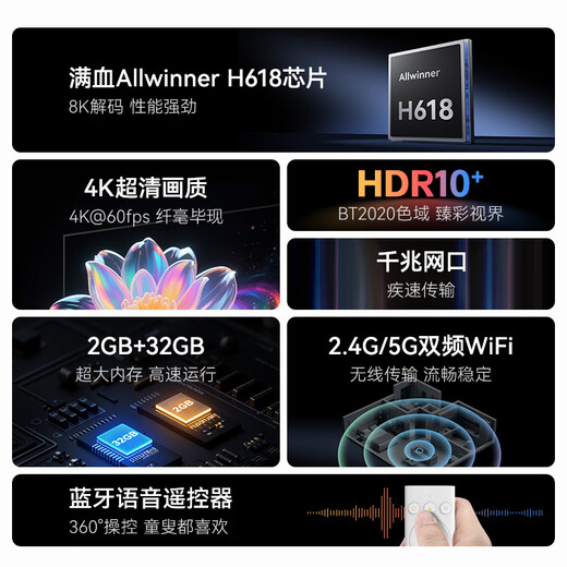 
Tencent Aurora Box 6 8K Smart Network TV Set-top Box Gigabit Network Port 2+32G HD HDR10+ Dual-band WiFi Bluetooth voice remote control