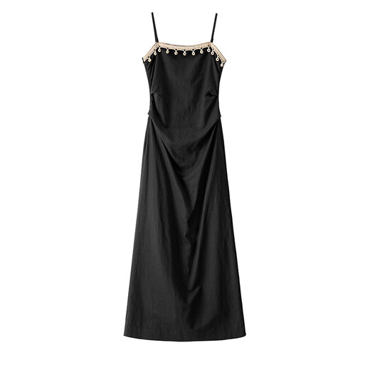 
banana cici 2025 summer new vacation style cotton linen straps detachable suspender dress C252LY674 Black M