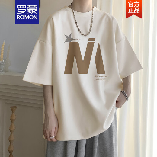 罗蒙（ROMON）杏色短袖t恤男士夏季薄款宽松休闲半袖男生圆领五分体恤衣服 5012杏色 M 90-110斤可穿