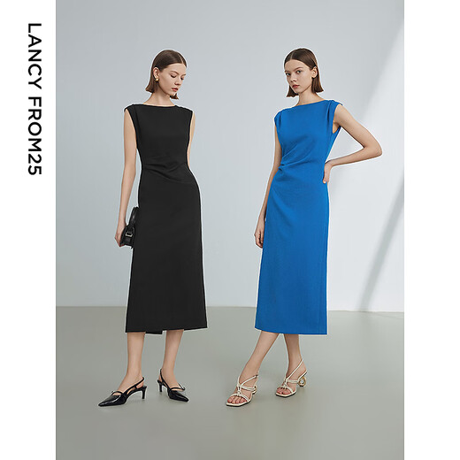 朗姿法式一字肩收腰抽褶设计感气质长裙夏装新款女礼服连衣裙 舰队蓝色 L