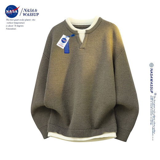 Nasawassup official fashion brand co-branded sweater men's autumn and winter Hong Kong style round neck fake two-piece sweater lazy style men's pullover worsted gray XL (recommended 140-160 Jin Jin equals 0.5 kg)