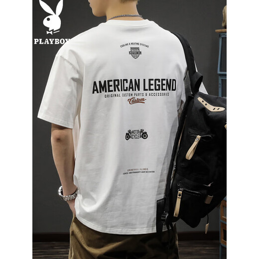 Playboy; PLAYBOY2025 white new short-sleeved T-shirt for men loose fashion brand summer pure cotton half-sleeved American ins heavy men's T-shirt HST1518 white 2XL weight 160-180Jin [Jin equals 0.5 kg]