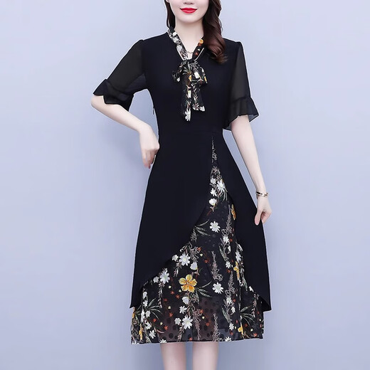 Homesee light luxury international high-end brand dress fake two-piece chiffon dress girl middle-aged mother dress style dress covers belly black L