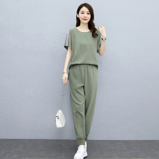 恒源祥时尚运动服套装女夏季2025年新薄款气质显瘦棉麻休闲裤两件套洋气 富贵灰 M