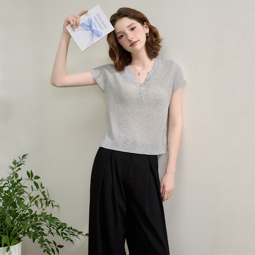 西遇短袖针织衫上衣女2025年夏季新款毛衣小个子纯色休闲短款t恤 灰色 （预售15天） M (160)