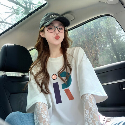 酷章（KUZHANG）2025蕾丝拼接防晒纯棉t恤女网红炸街涂鸦宽松洋气假两件上衣 af7029 白色 M 建议110斤内