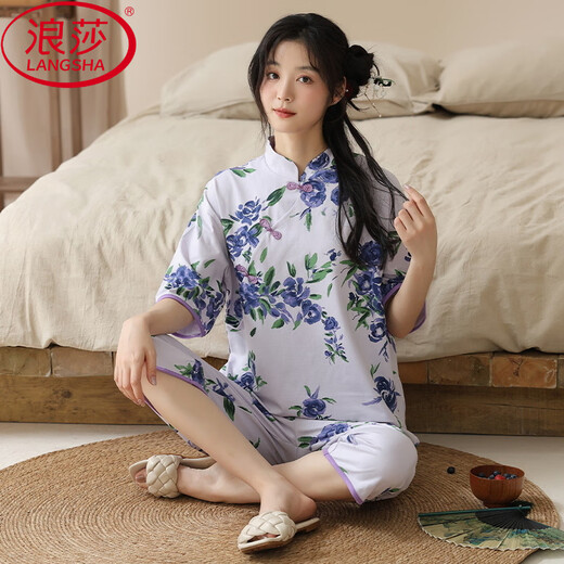 浪莎（LangSha）夏季国风短袖睡衣套装家居服棉新中式夏天七分裤可外穿女休闲薄款 Y9902 M
