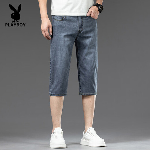 花花公子（PLAYBOY）高端天丝凉感七分牛仔裤男士夏季薄款宽松直筒冰丝短裤潮流休闲 759砂洗蓝+759砂洗蓝 28 腰围二尺一