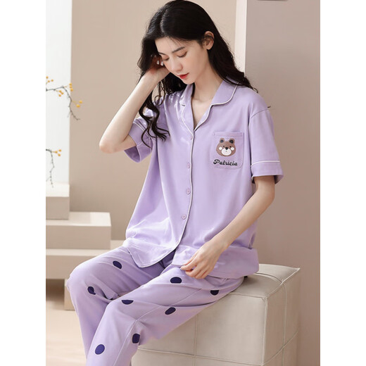 Langsha 2025 new pajamas for women in summer pure cotton short-sleeved trousers thin cardigan full-cotton home clothing set can be worn outside Y7114 M [recommended to wear 80-100Jin [Jin equals 0.5 kg]]