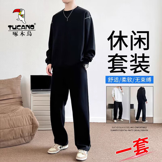 啄木鸟休闲运动套装男士春秋季新款潮牌百搭宽松痞帅长袖套装时尚两件套 APTZ9898黑色 M