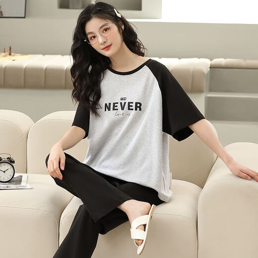 Langsha 100% pure cotton pajamas for women in spring and summer short-sleeved trousers casual loose women Korean style home clothes for autumn wear suit T-9711 (short-sleeved trousers) XL size (125-145Jin [Jin equals 0.5 kg]) All size
