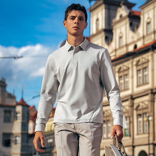 Mr. Stoff einfaches Hemdkragen Langarm Langarm T-Shirt Herren 2025 Herbst Neue Geschäfte und lässige, feste Farbanlage-Lampe Top Herren BT16862 Hell Cloud Grey M (170)