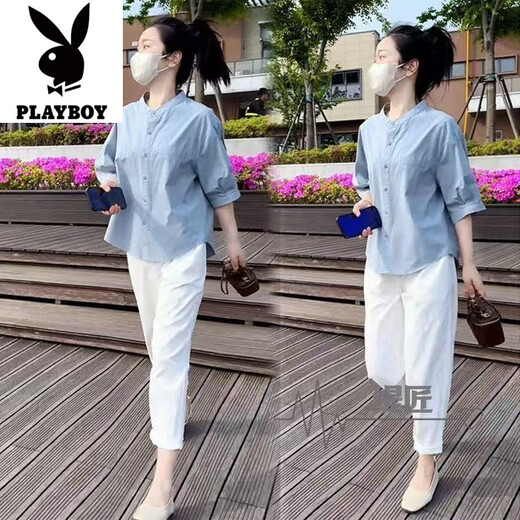
Playboy (PLAYBOY) Fashion Shirt Wearing Set for Women 2025 Summer New Style Fashionable Slim Short Sleeve Small Casual Pants Two-Piece Set Black Single Pants - Flagship M [Suggested 80-105Jin [Jin equals 0.5 kg]]