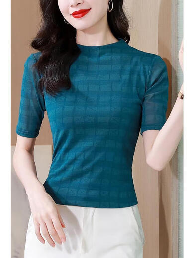 DRYWORLD洋气百搭真丝t恤女大码网纱双层打底衫女装2025新款短袖夏上衣女 花色 【时尚爆款9898图片色】 M