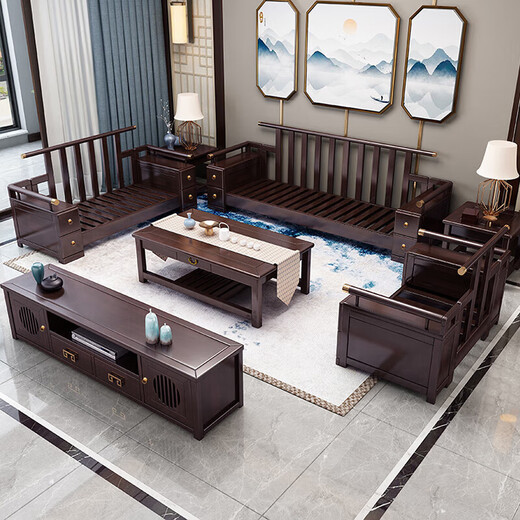 Salon de canapé en bois massif zihua Nouveau coin chinois Conccubine Fabbine combinaison meuble d'appartement de luxe léger haut de gamme 9902 siège à quatre personnes consécutives + tiroir table basse [cadre] couvercle de lin en coton